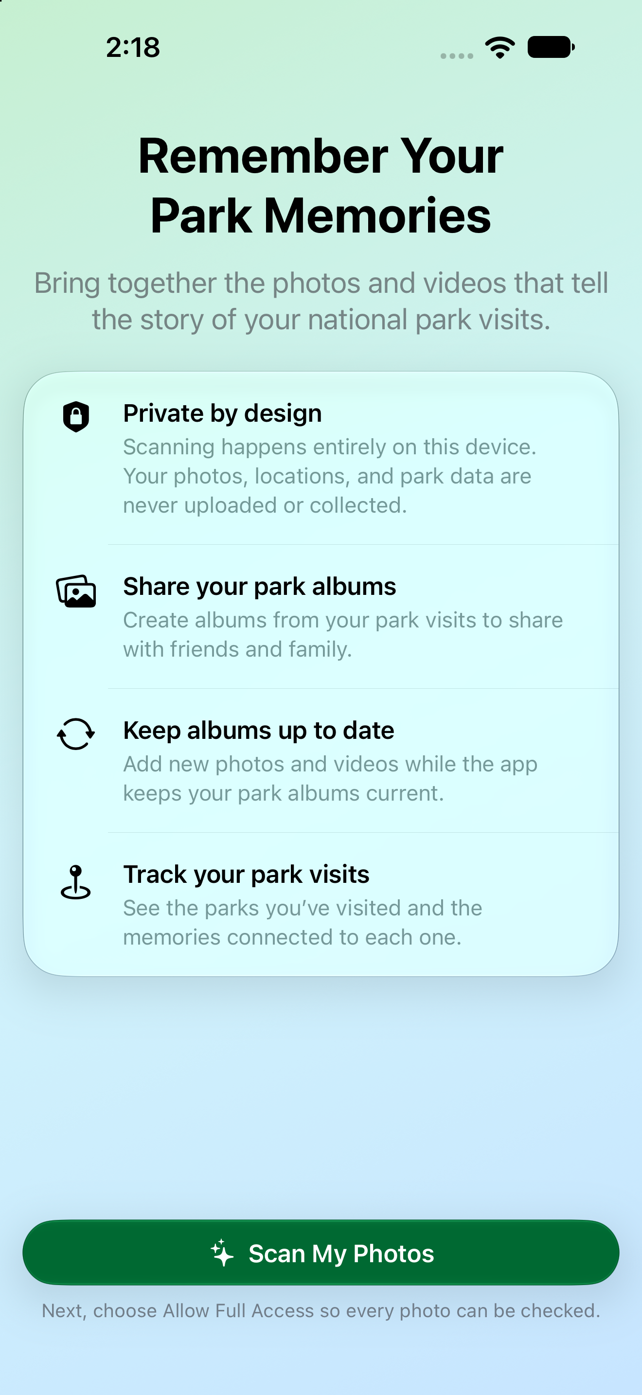 National Park Memories onboarding screen explaining private on-device photo scanning